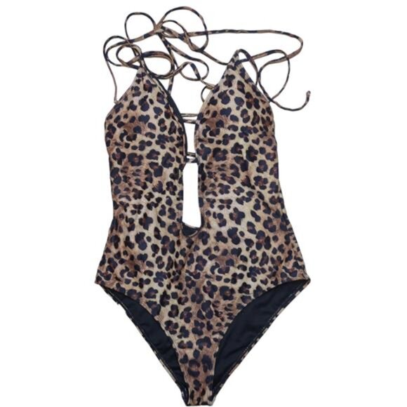 NEW One Piece Plunge Strappy Criss Cross Tie Leopard Print Swimsuit Women's L - Picture 2 of 7